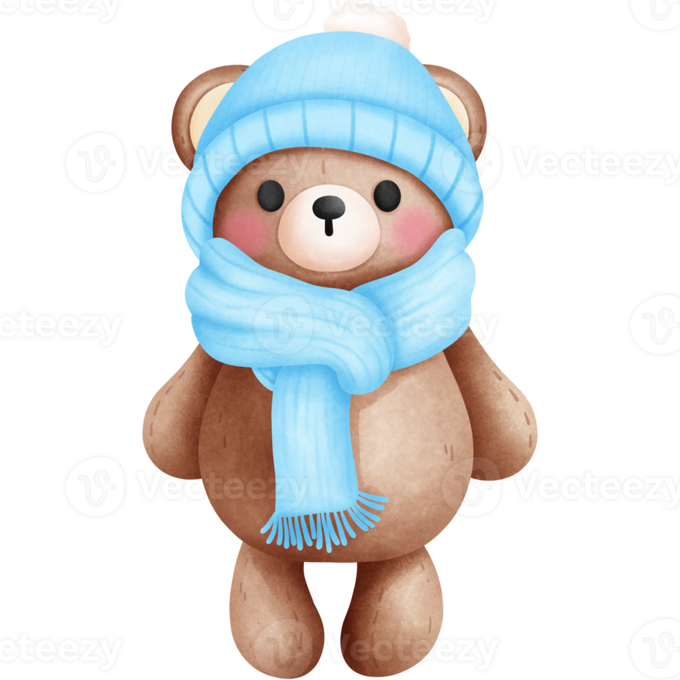 Watercolor cute baby boy teddy bear in blue scarf and beanie hat illustration. png