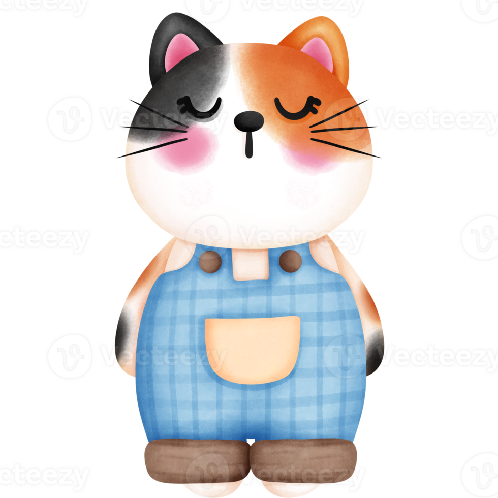 waterverf schattig baby jongen calico kat in blauw kleding retro stijl.kinderkamer baby katje clip art. png