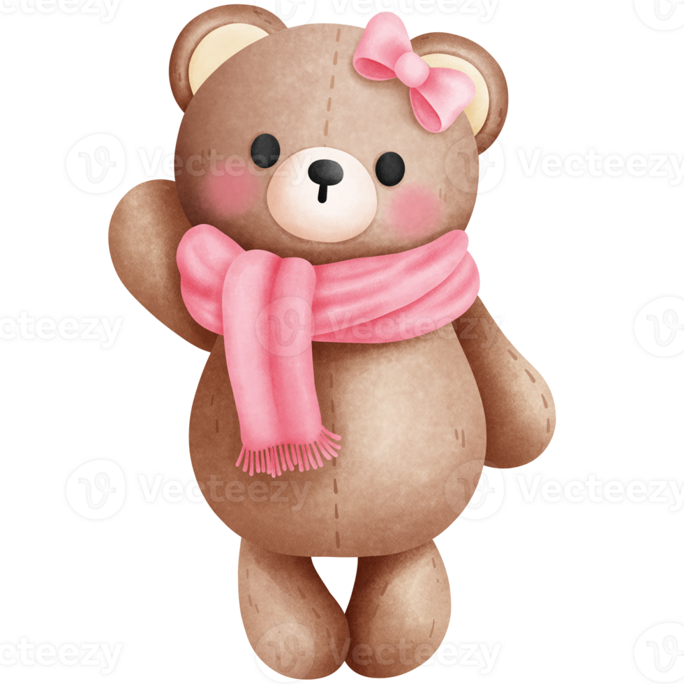 adorable acuarela enamorado linda bebé osito de peluche oso en rosado bufanda y arco ilustración. png