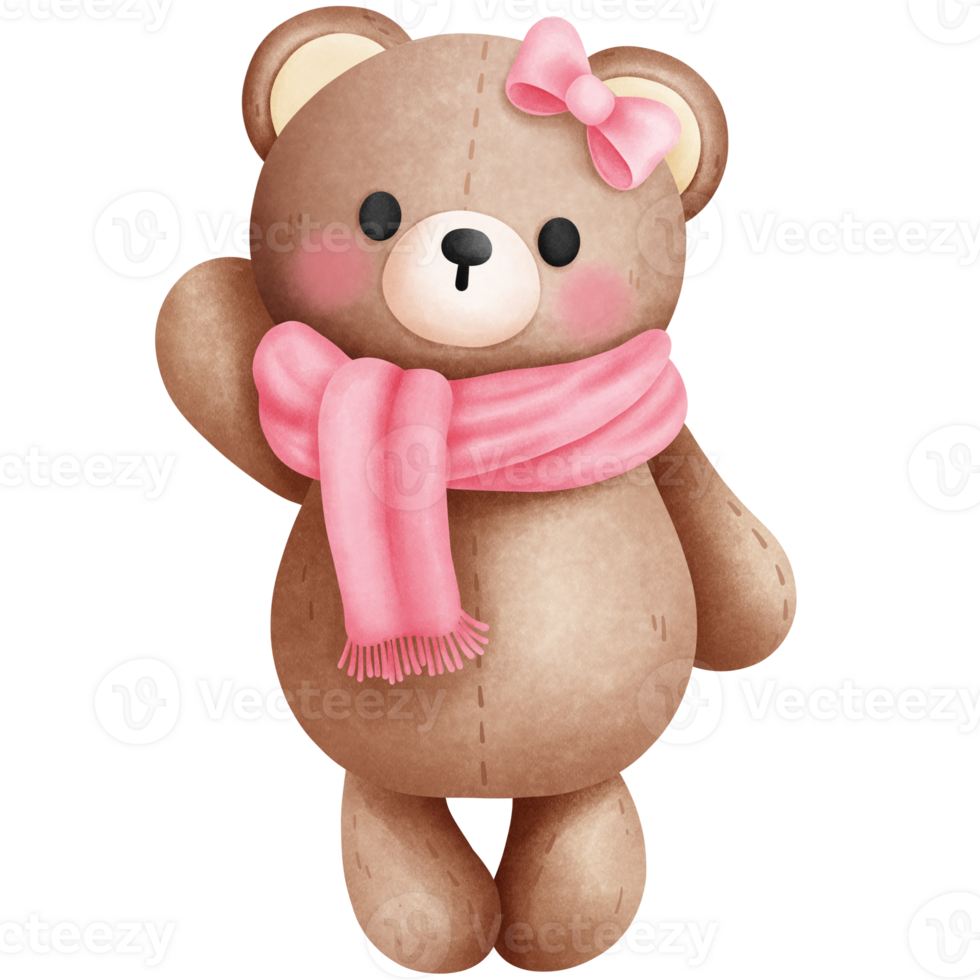 Adorable watercolor valentine cute baby teddy bear in pink scarf and bow illustration. png