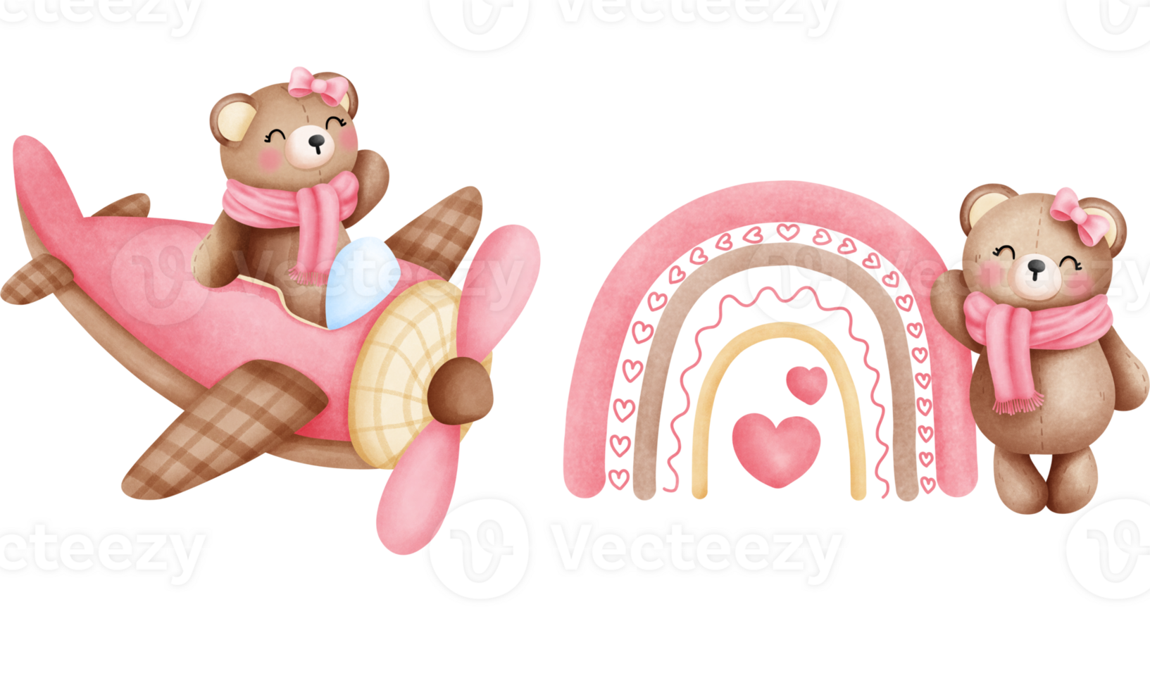 uppsättning av vattenfärg rosa bebis teddy Björn flugor på flygplan och boho regnbåge illustration.nursery djur- ClipArt. png