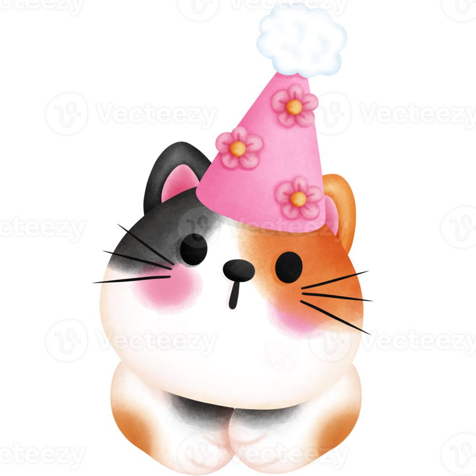 Watercolor cute baby calico cat with party hat illustration. Birthday animal party clipart. png