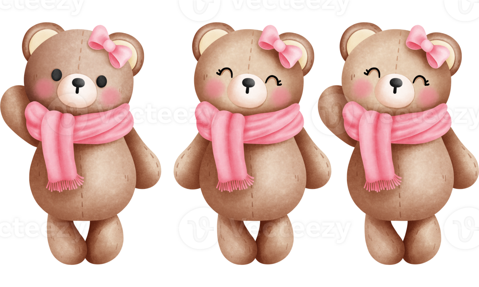 Set of watercolor valentine teddy bear in pink scarf and bow illustration.Valentine teddy bear clipart. png