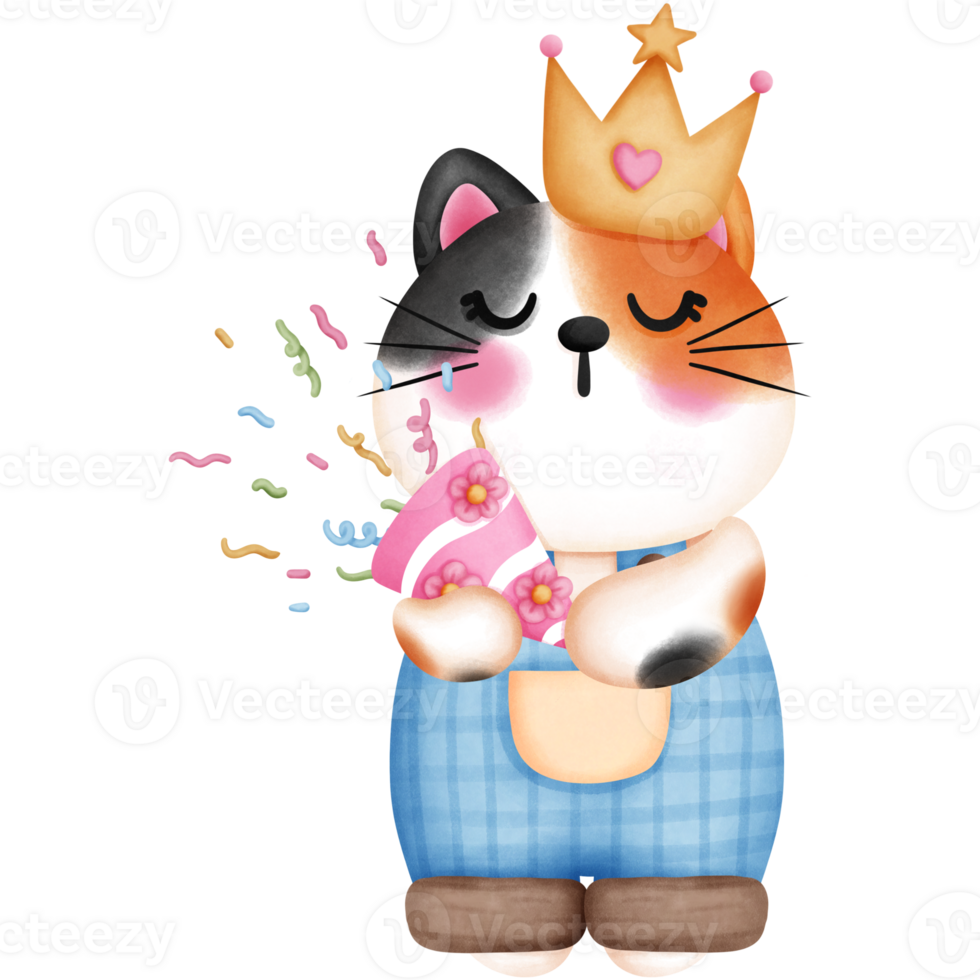 Watercolor cute baby calico cat with confetti and crown illustration. png