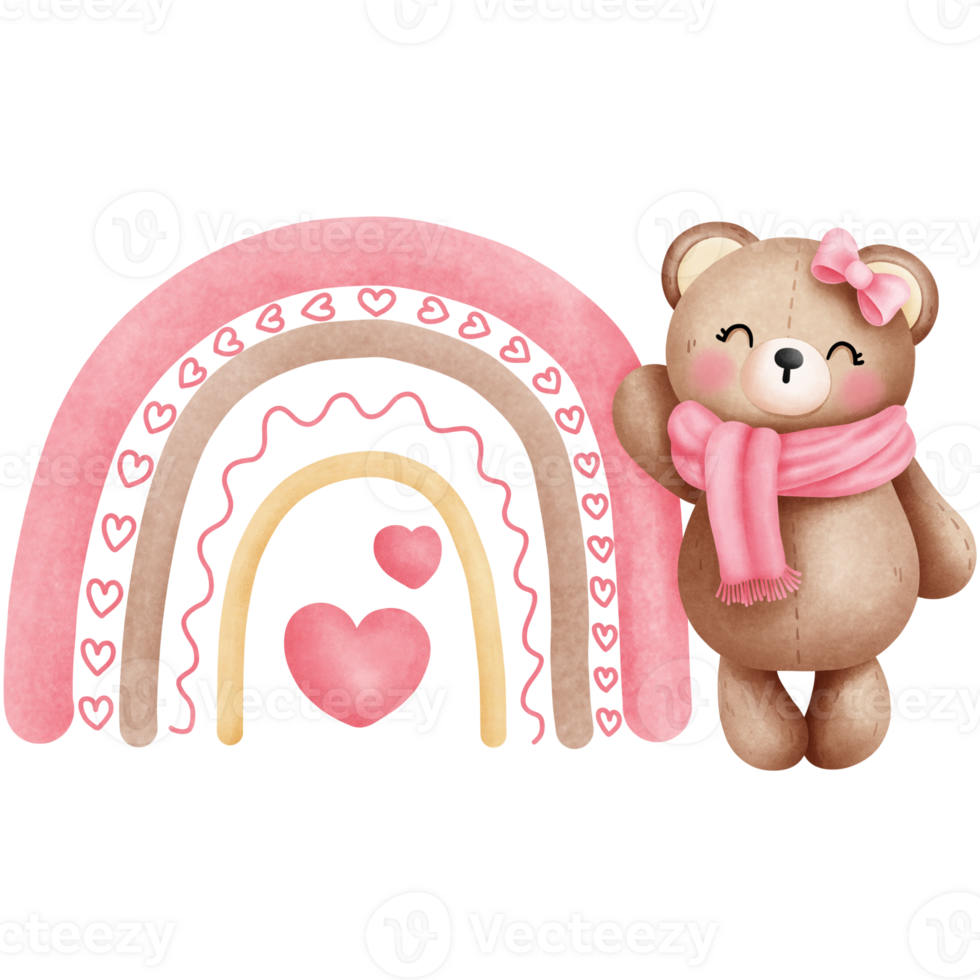 acquerello carino San Valentino bambino ragazza orsacchiotto orso nel rosa sciarpa e arco con boho arcobaleno illustrazione. png