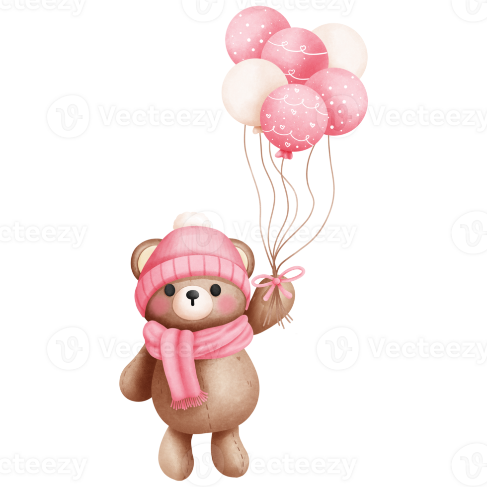 Watercolor pink teddy bear with balloons illustration.Valentines animal clipart. png