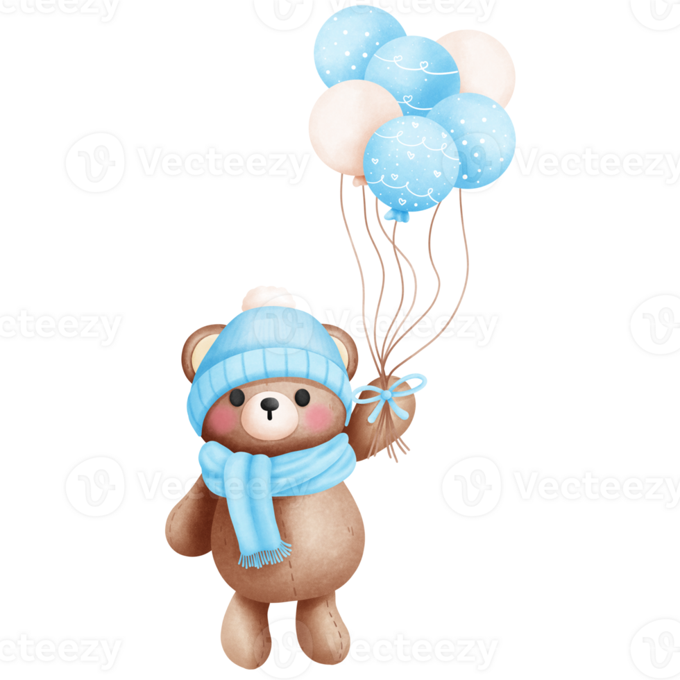 Watercolor teddy bear with balloons illustration.Winter animal clipart. png