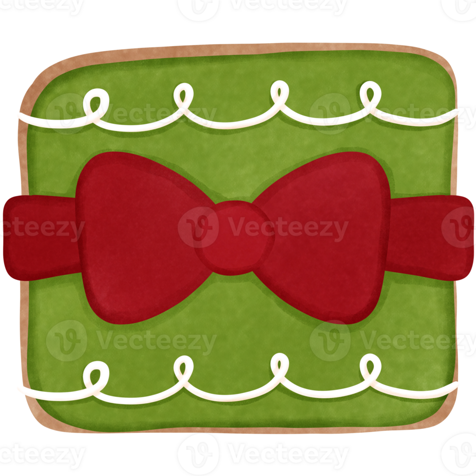 Hand drawn watercolor cookie with green gift box and red ribbon bow clipart. Watercolor christmas cookie illustration. png