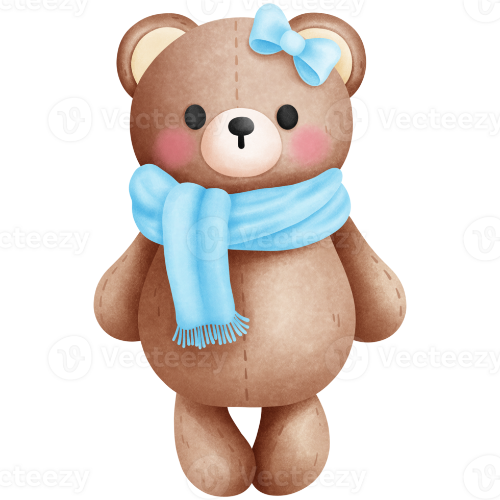 vattenfärg söt bebis flicka teddy Björn i blå scarf och rosett illustration. png