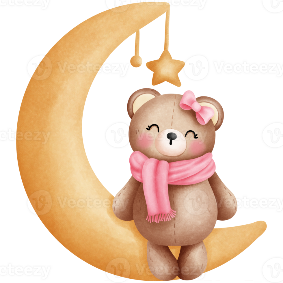 Adorable watercolor cute baby girl teddy bear in pink scarf and bow sitting on crescent moon illustration. png