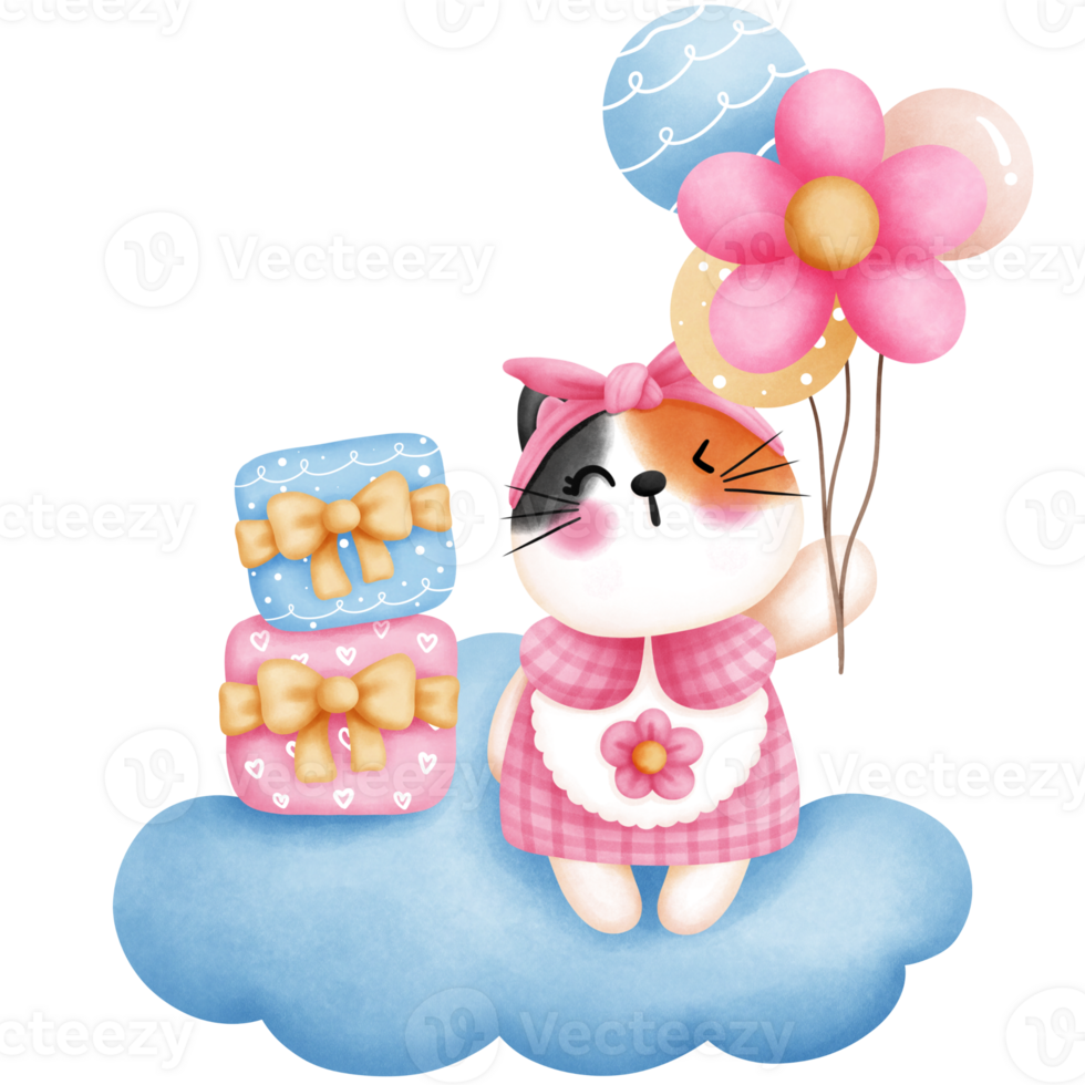 fofa bebê chita gato sentado em nuvem com colorida balões uma presentes ilustração.aniversário festa decoração. png