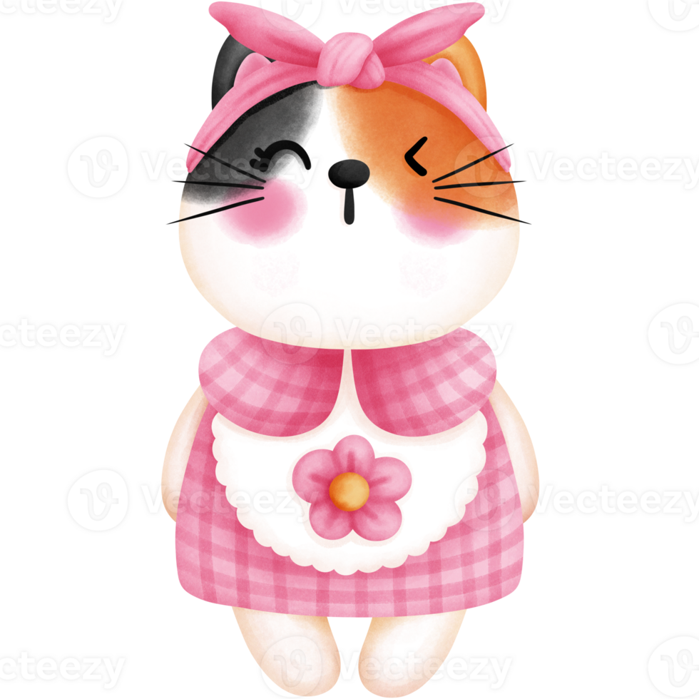 Watercolor baby girl calico cat in pink outfit clipart. Nursery baby kitten illustration. png