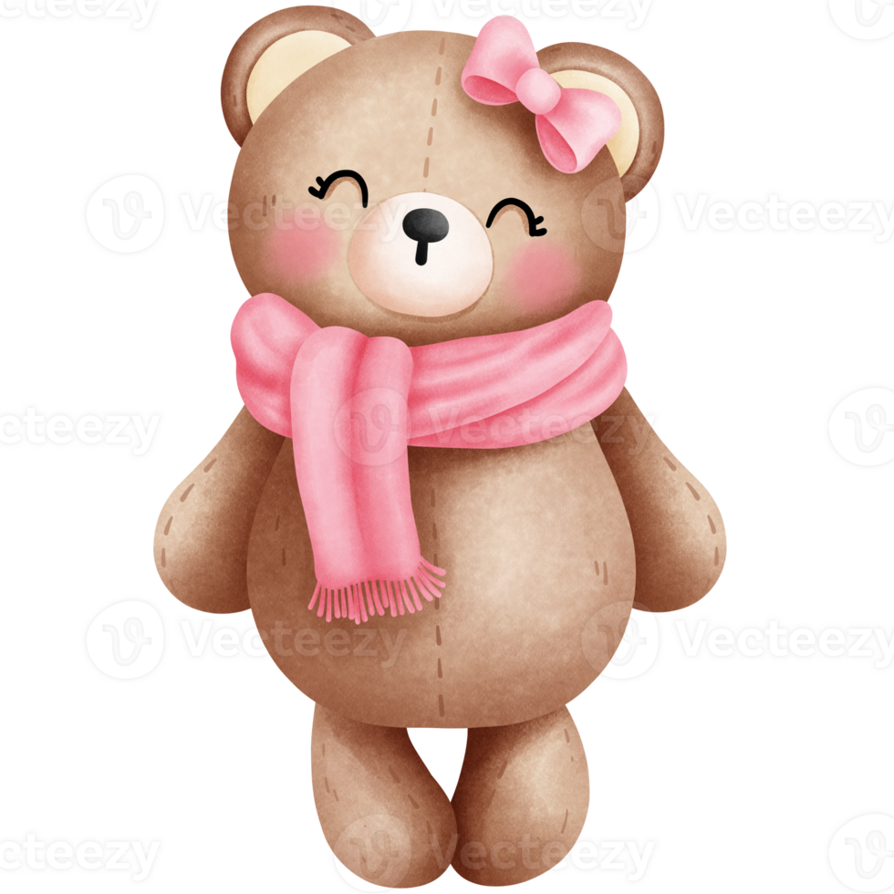 Watercolor valentine baby teddy bear in pink scarf and bow illustration.Cute baby teddy bear watercolor clipart. png