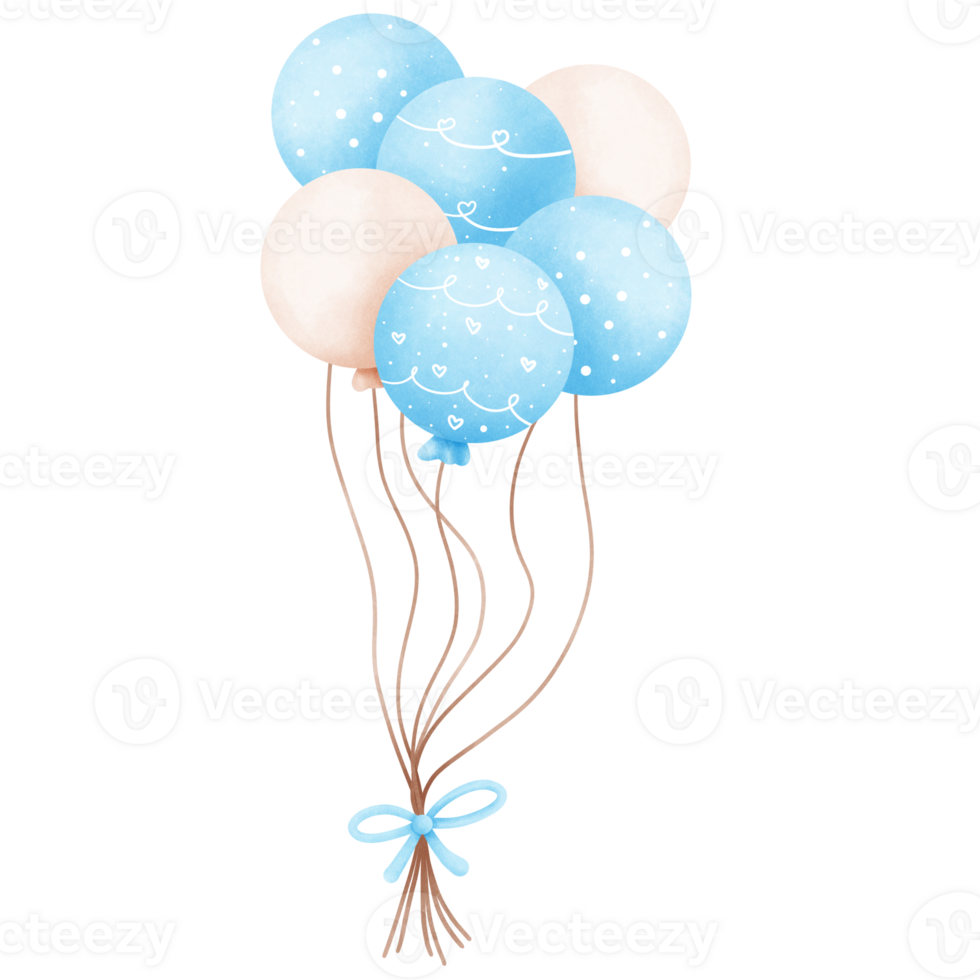 Watercolor blue balloons bunches illustration.Birthday party decoration. png