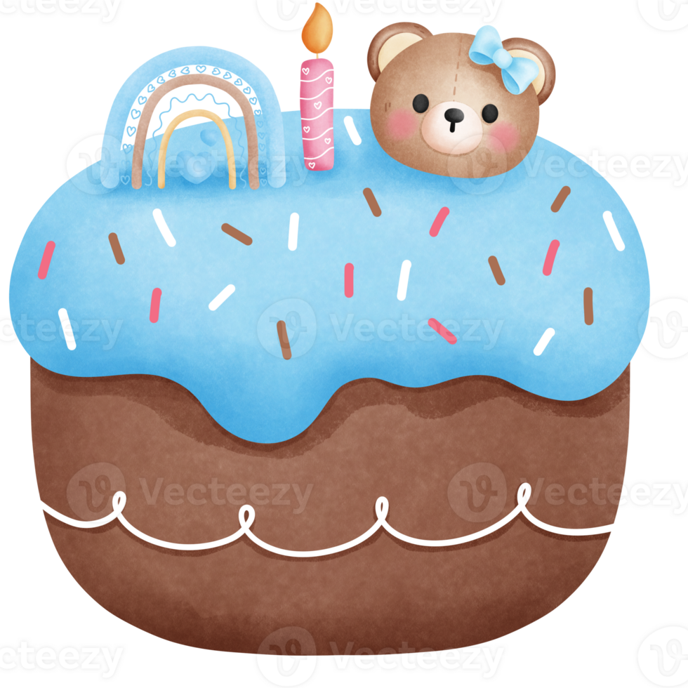 Watercolor birthday cake clipart.Birthday cake with cute baby teddy bear illustration. png