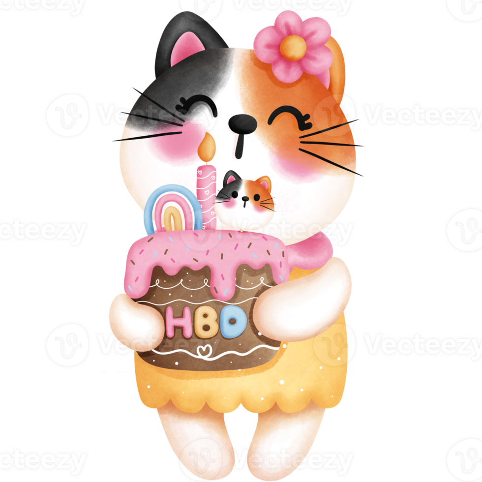 Watercolor cute calico cat with birthday cake illustration. Birthday party decoration. png