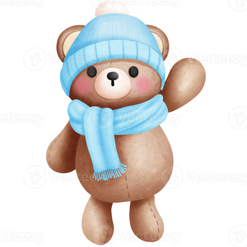 Watercolor happy baby boy teddy bear in blue scarf and beanie hat illustration. png