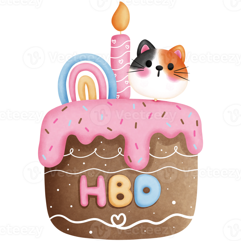 aquarelle anniversaire gâteau clipart.anniversaire gâteau avec fraise crème et mignonne calicot chat illustration. png