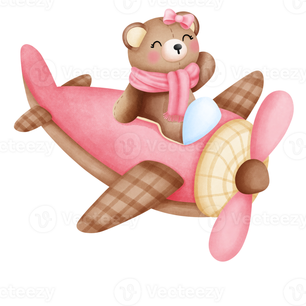 waterverf roze baby teddy beer vliegt Aan vliegtuig illustratie.kwekerij dier clip art. png