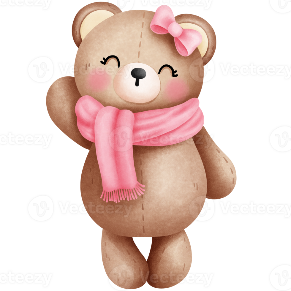 alegre acuarela enamorado linda bebé osito de peluche oso en rosado bufanda y arco ilustración. png