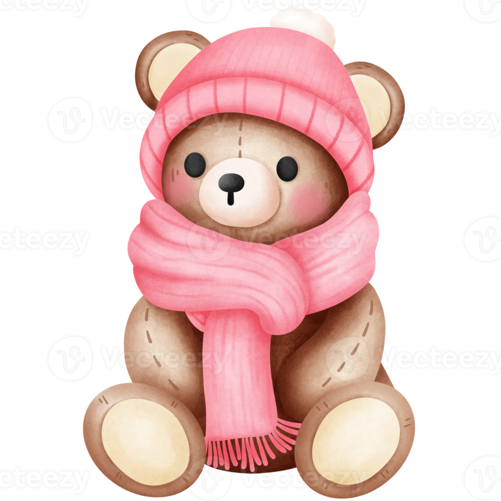 Watercolor baby boy teddy bear in pink scarf and beanie hat illustration.Animal sitting. png