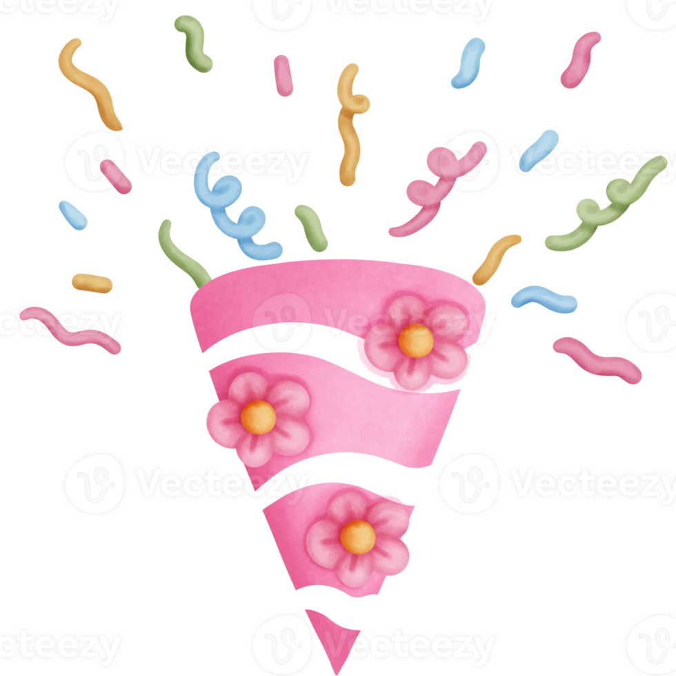 exploderande fest poppern med konfetti ClipArt. färgrik fest streamers illustration. png
