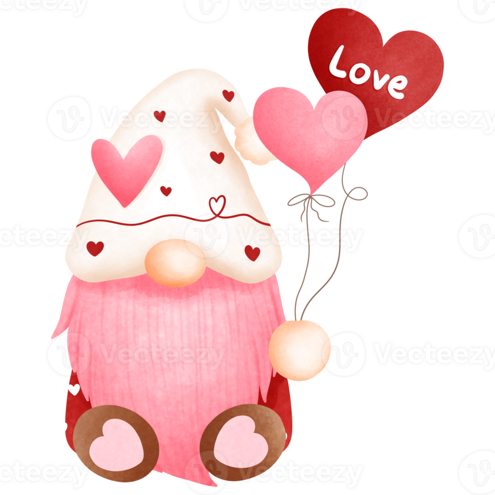 Watercolor cute pink valentine gnome boy illustration with love balloons.valentine gnome love clipart. png