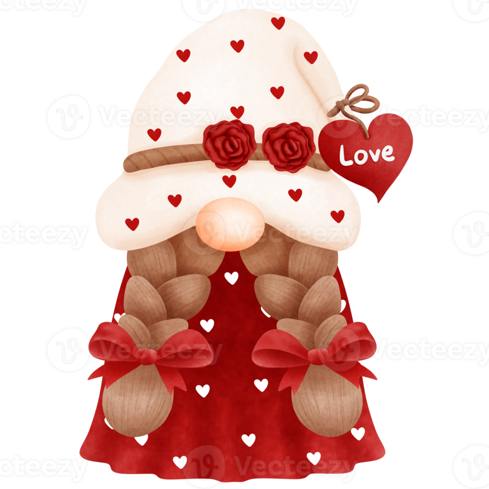 Whimsical watercolor cute valentine red gnome girl illustration.Red valentine gnome clipart. png