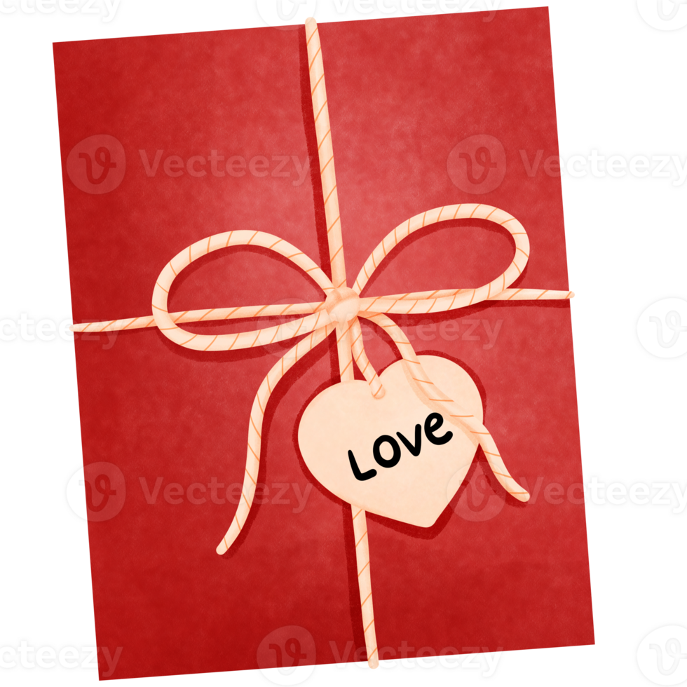 Watercolor valentines day red gift box with rope and love sign clipart. png