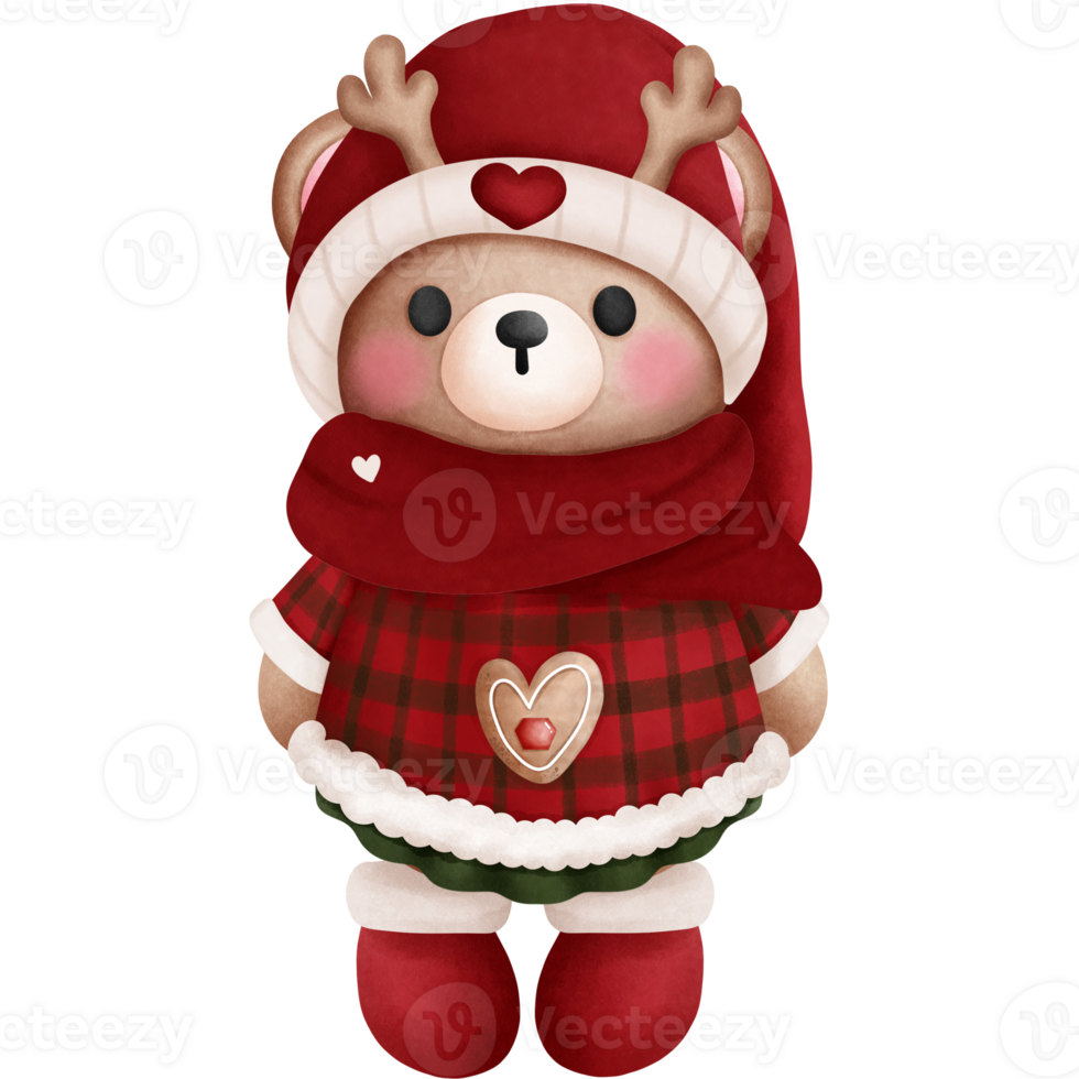 Cheerful watercolor christmas teddy bear in santa hat and festive outfits.Whimsical holiday animal clipart. png