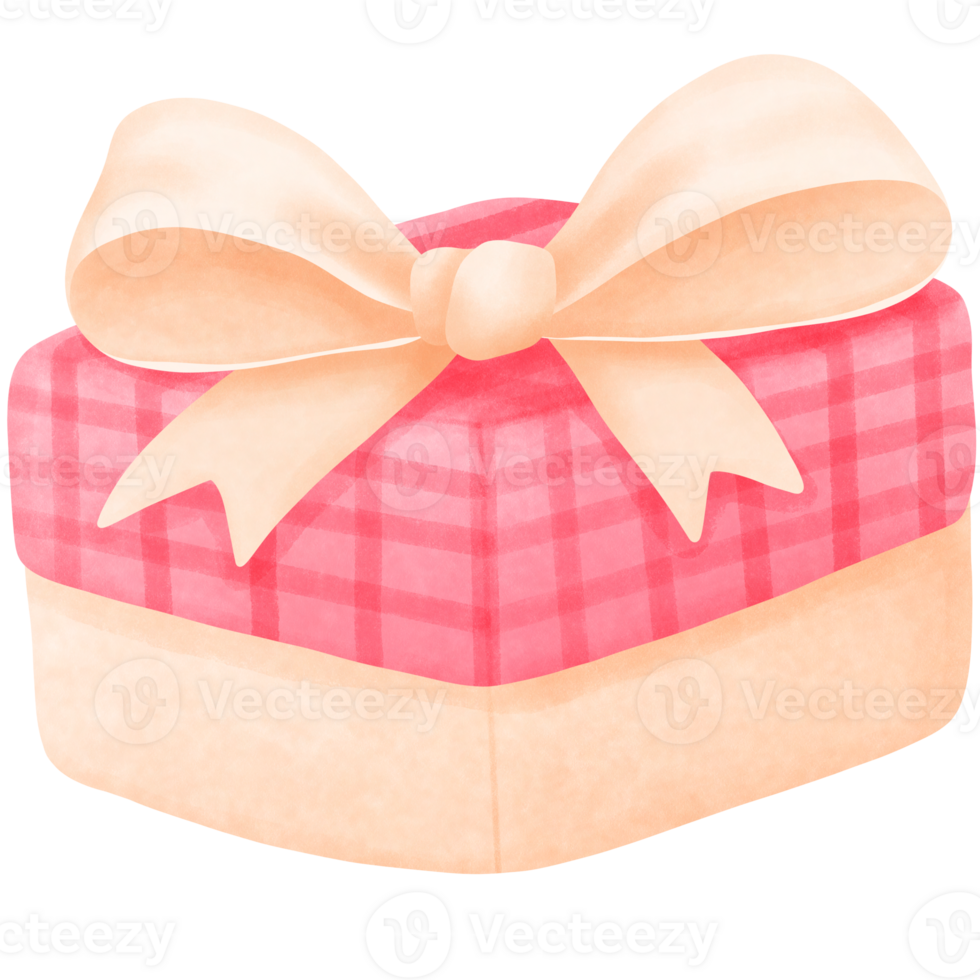 Watercolor cute pink and beige valentine gift box with bow ribbon clipart. png