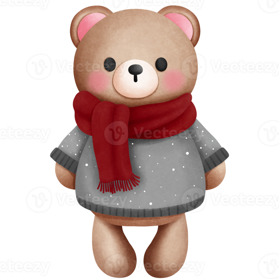 Watercolor cute teddy bear in christmas outfits clipart.Woodland animal watercolor clipart. png