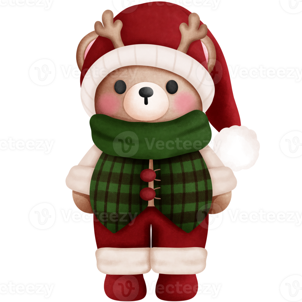 Watercolor christmas baby teddy bear in colorful outfits and antlers.Holiday animal watercolor clipart. png