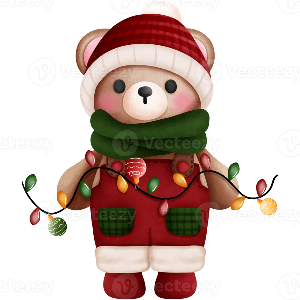 aquarelle mignonne bébé nounours ours dans Noël tenues avec coloré chaîne lumières clipart. png