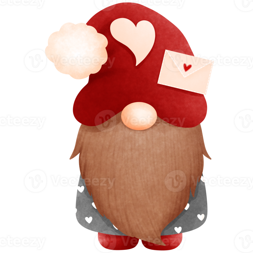 Adorable watercolor red valentine gnome boy illustration.Red valentine gnome lover clipart. png