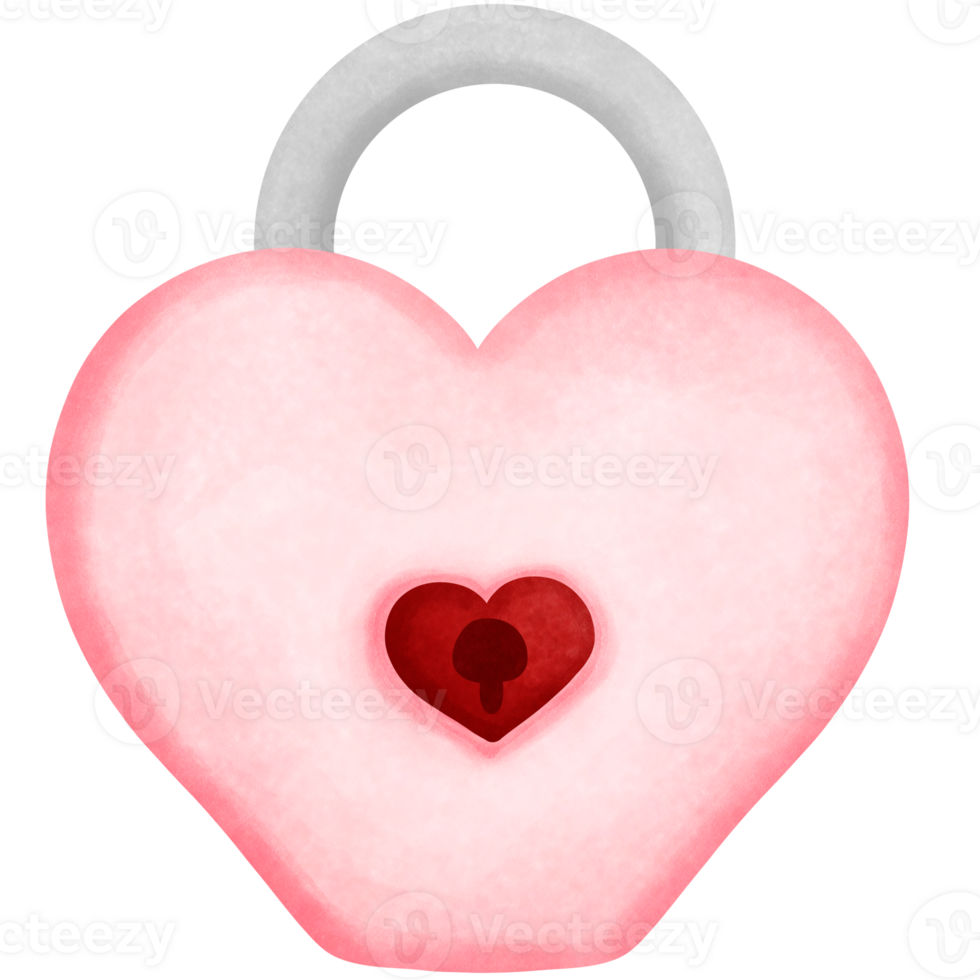Adorable watercolor pink lock with red heart. png