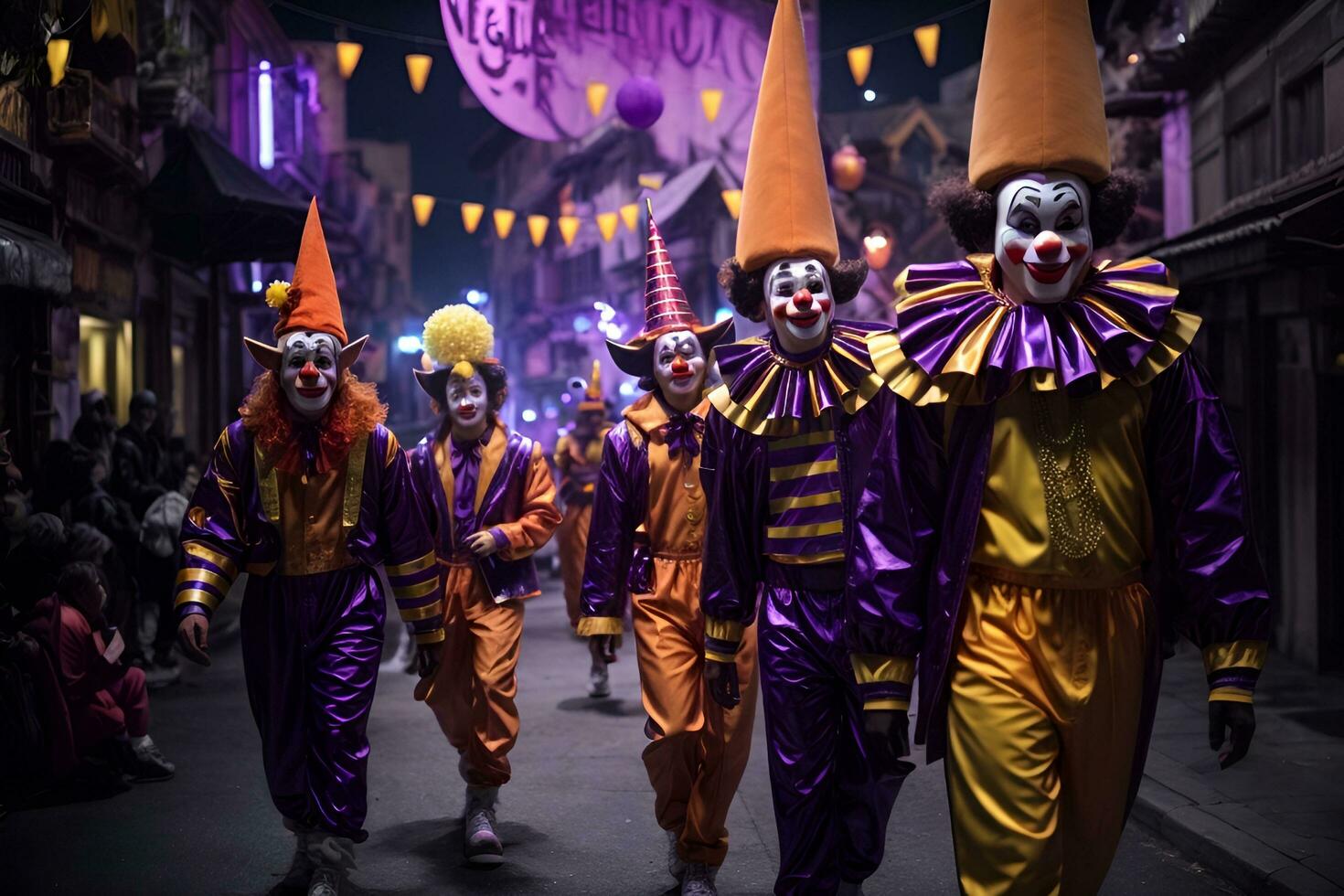 AI generated a group of clowns walking down a street at night photo