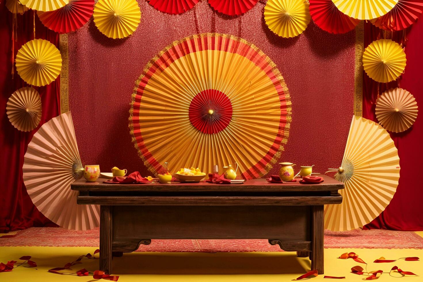 AI generated a table topped with lots of red and yellow paper fans photo