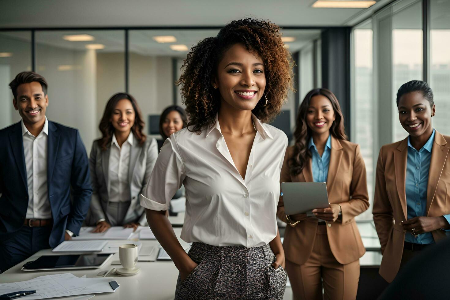 ai generado sonriente confidente negocio líder mirando a cámara y en pie en un oficina a equipo reunión foto