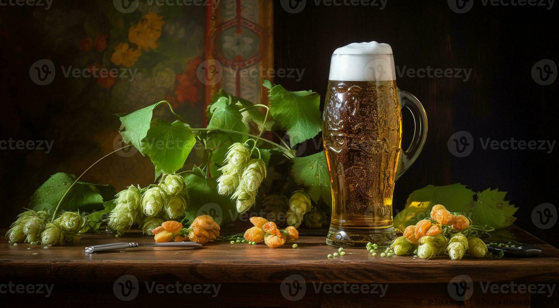 AI generated glass of beer on abstract background, beer wallpaper, glass of beer in the dark, beer with foam, alcoholic drink on dark background photo