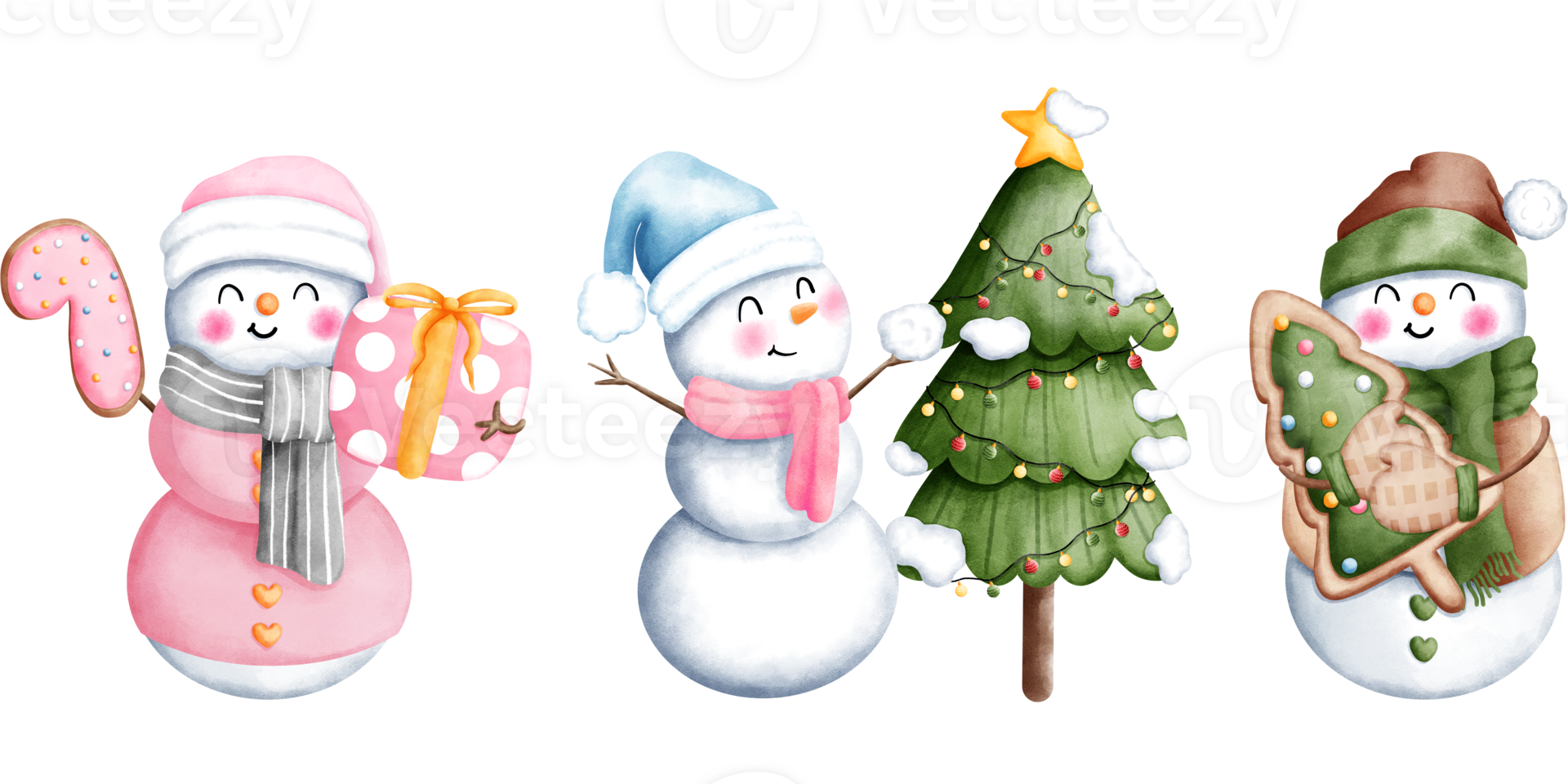 Set of three cute watercolor christmas snowman in a colorful winter costume with christmas ornaments illustrations. png