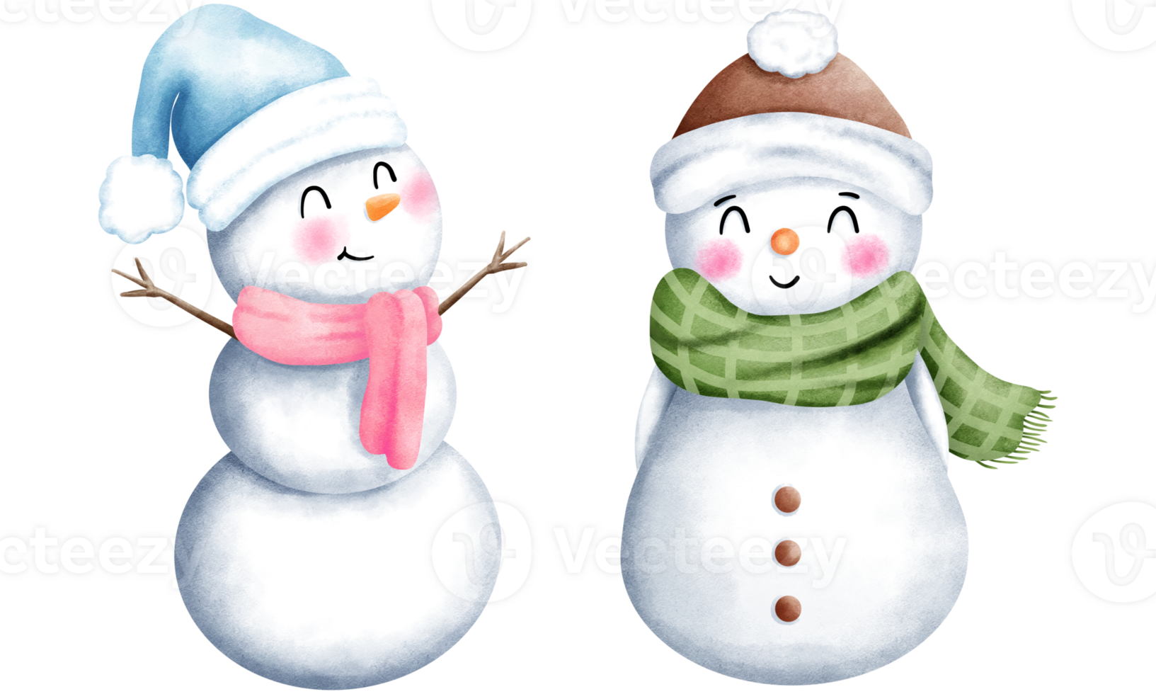 Set of watercolor christmas illustration with cute snowman in santa hat and scarf. Cute winter snowman collection. png