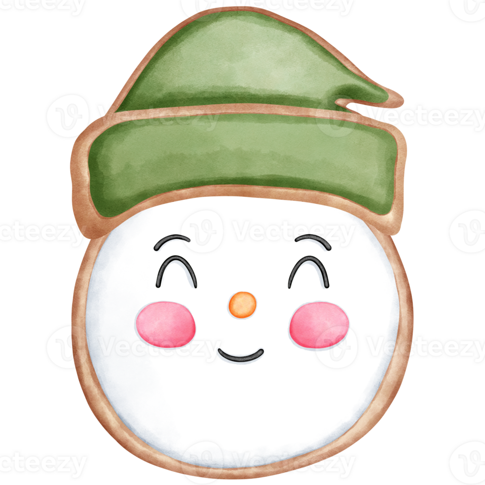 Watercolor christmas cookie with snowman and green santa hat illustration. png