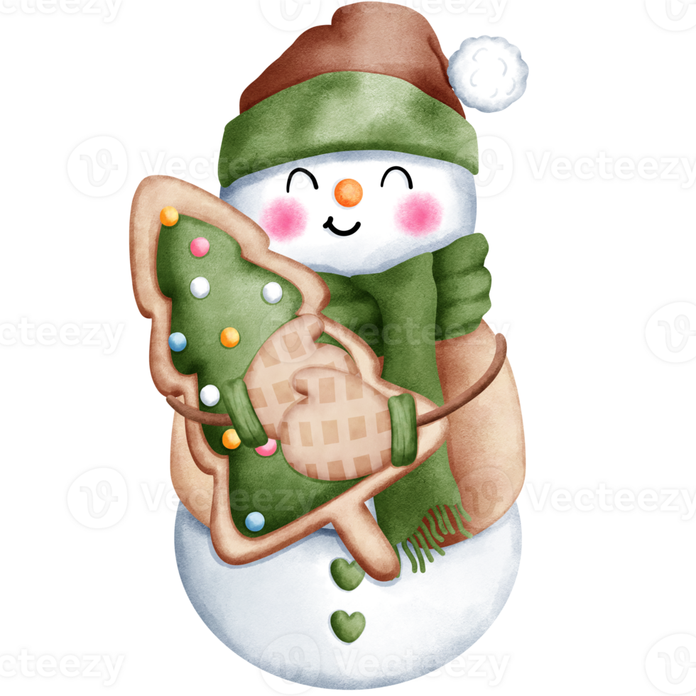 acquerello Natale illustrazione di carino pupazzo di neve nel verde e Marrone costume con Natale albero biscotto. png