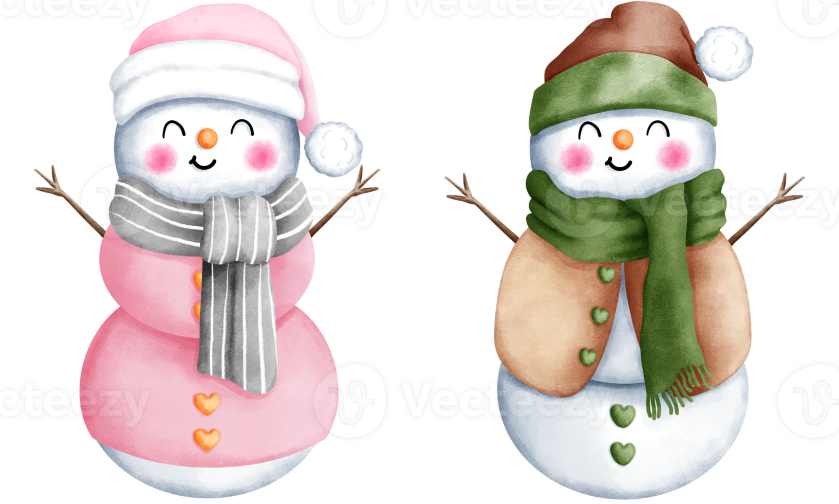 Set of watercolor christmas snowman with winter costume illustration.Cute winter snowman collection. png
