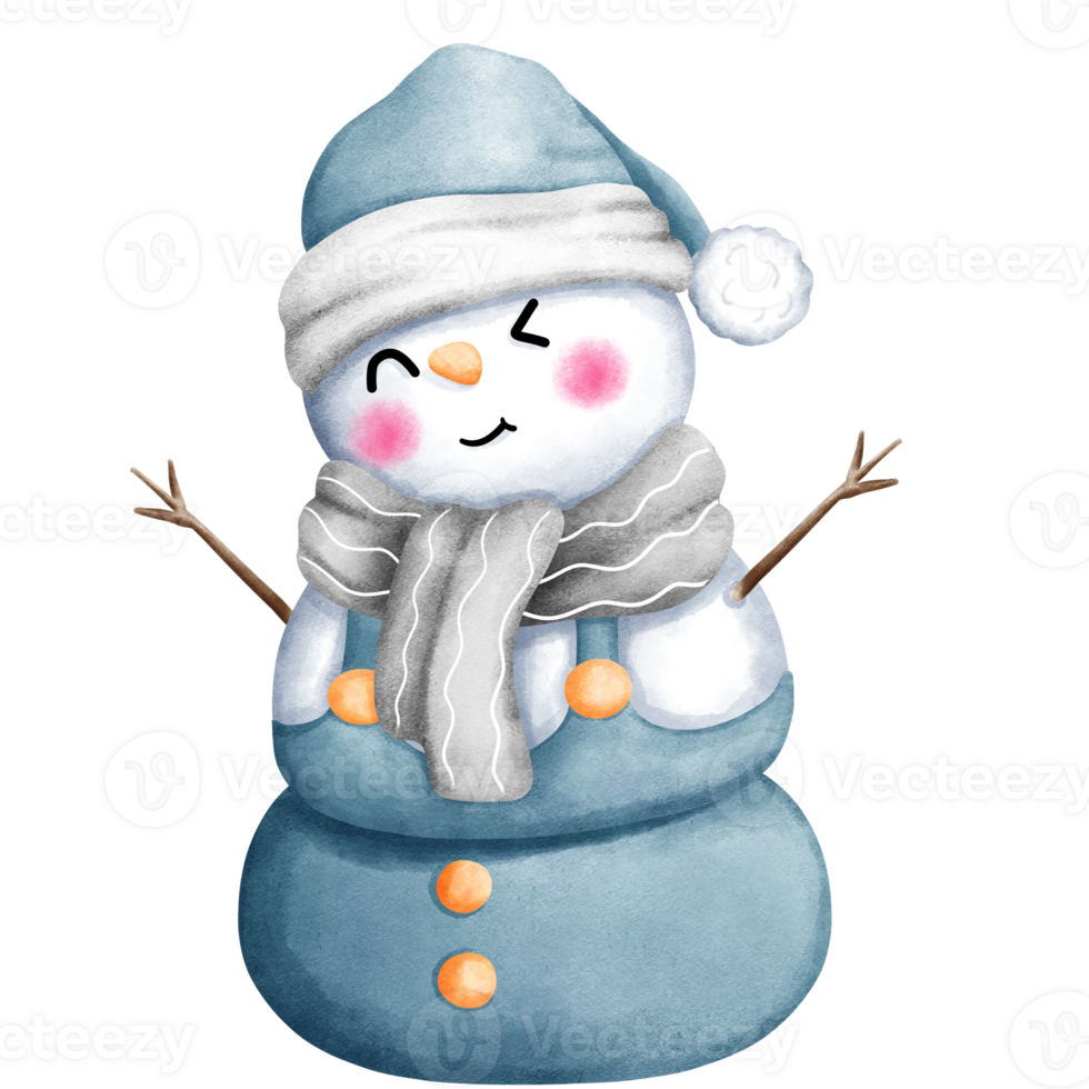 Watercolor christmas illustration of cute snowman with blue and gray costume. png
