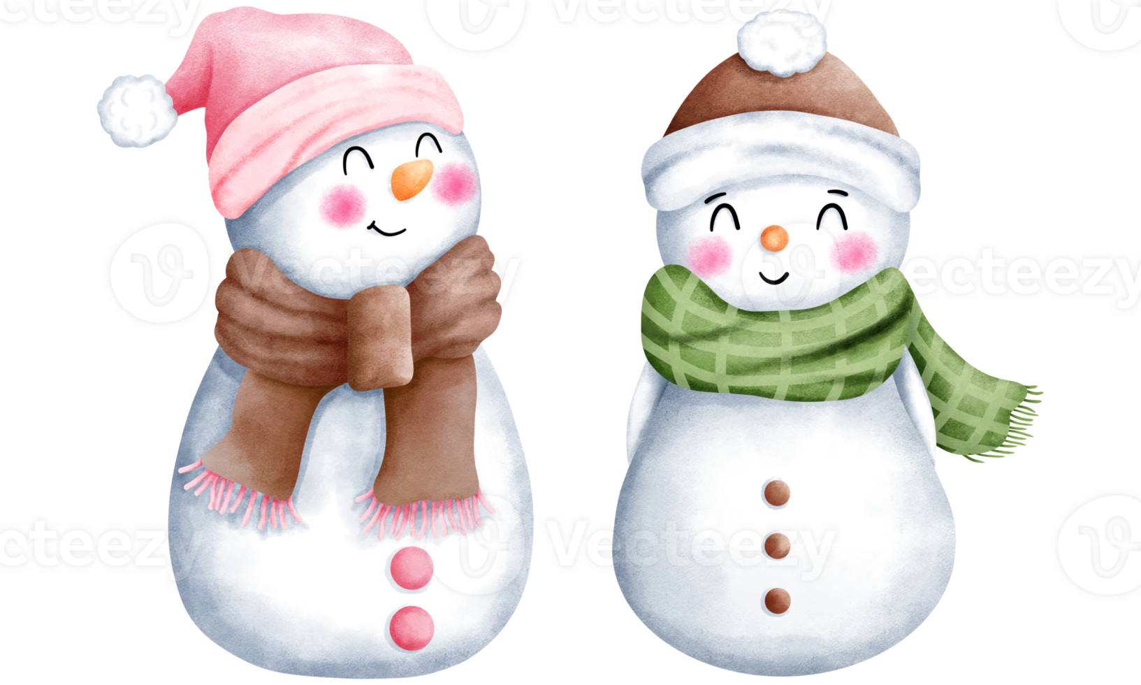 Set of watercolor christmas illustration with cute snowman in colorful santa hat and scarf. Cute winter snowman collection. png