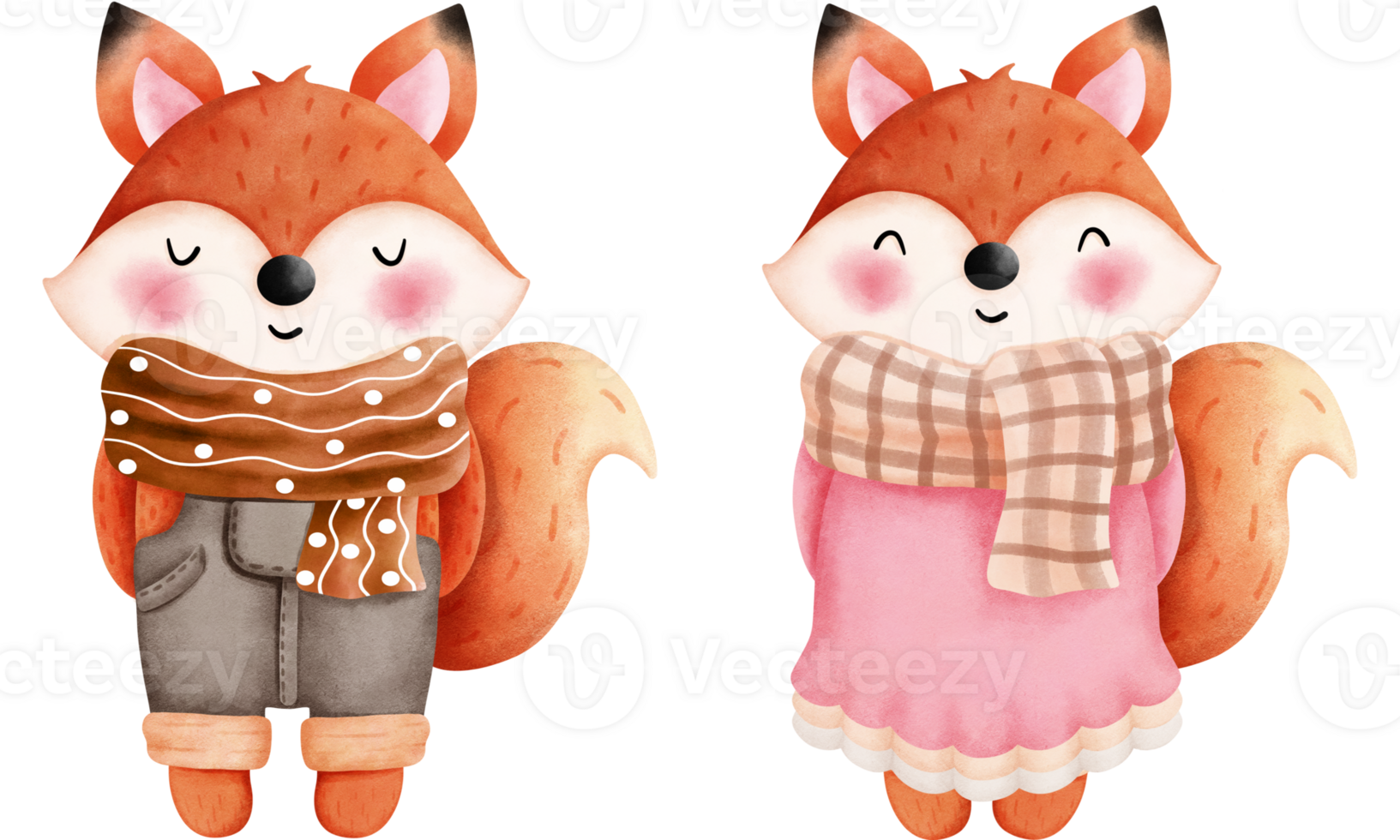 Set of adorable autumn foxes illustrations.Watercolor clipart of a cute foxes in an colorful autumn costume. png