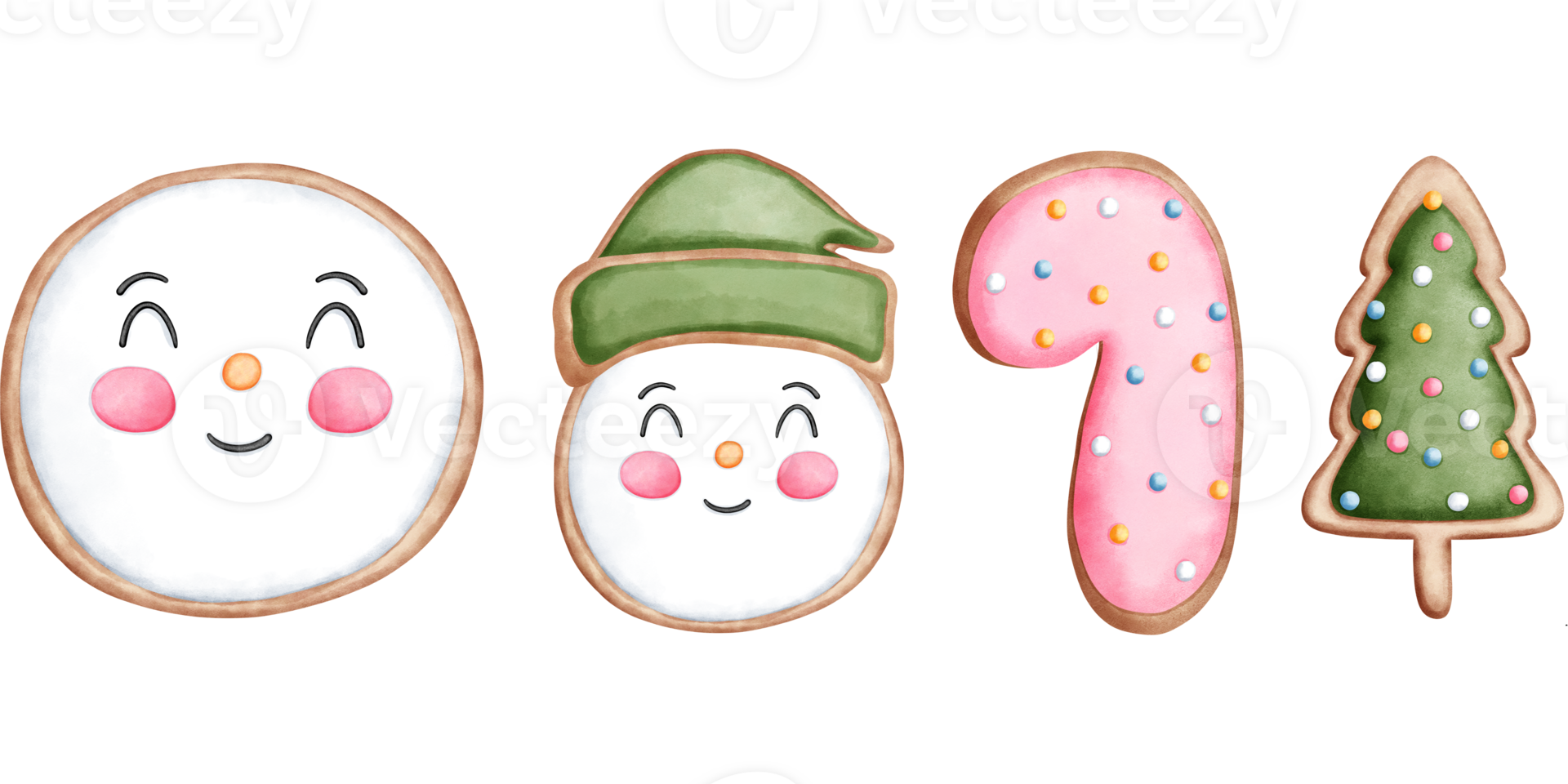 Set of watercolor christmas cookies with snowman,candy cane and christmas tree illustrations. png