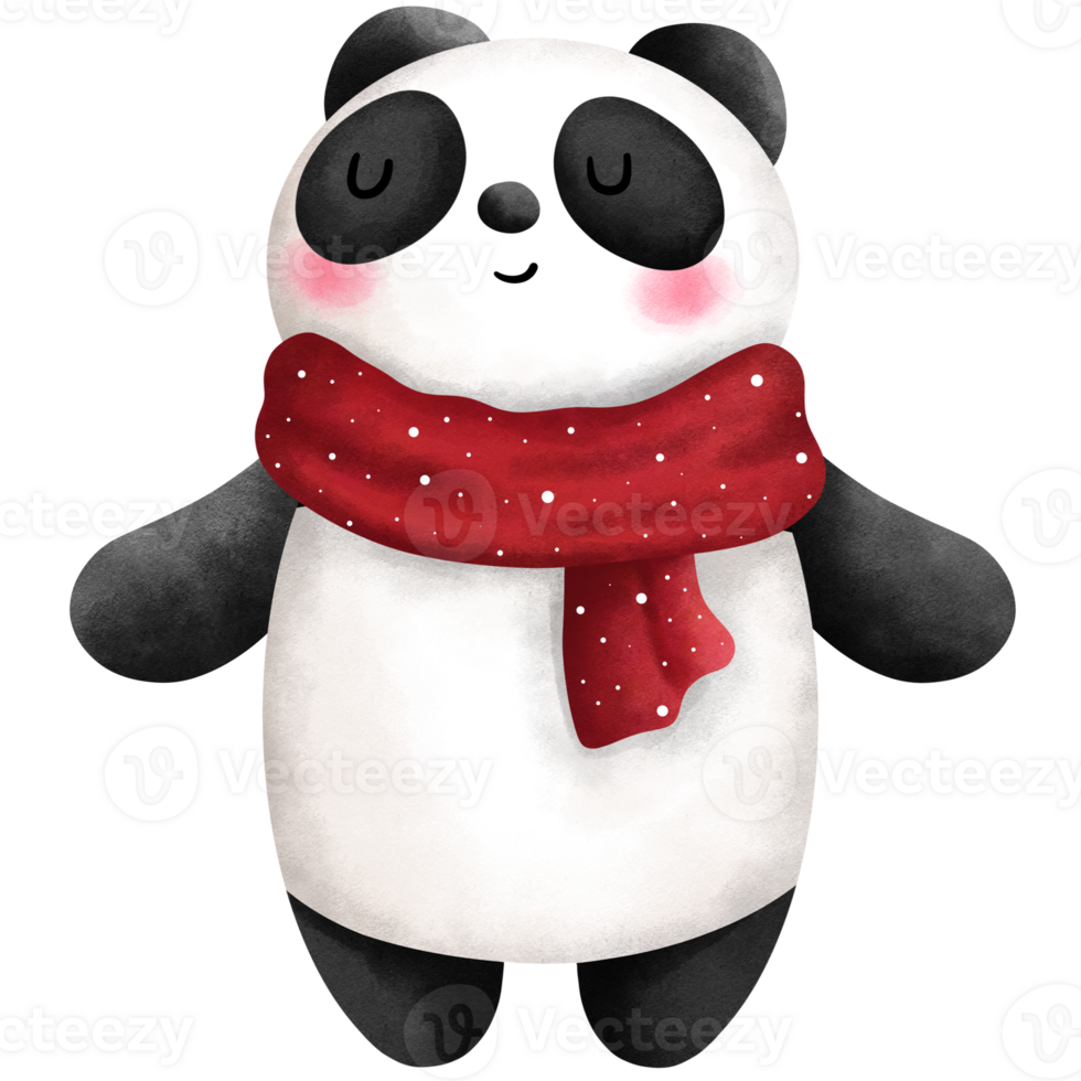 Festive watercolor panda illustration with red scarf. Christmas animal clipart. png